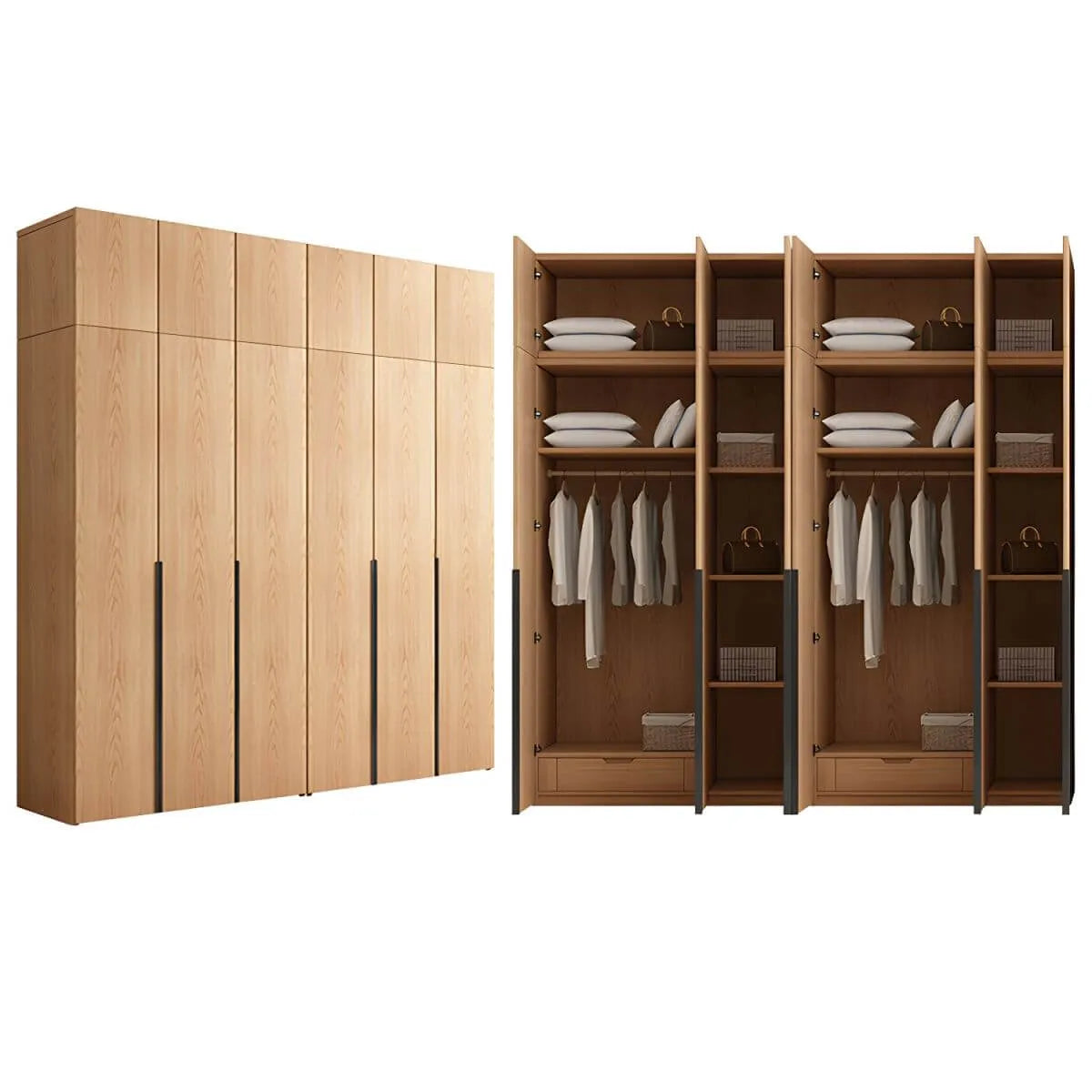 Solid Oak Minimalist Wardrobe Armoire With Shelves and Rod