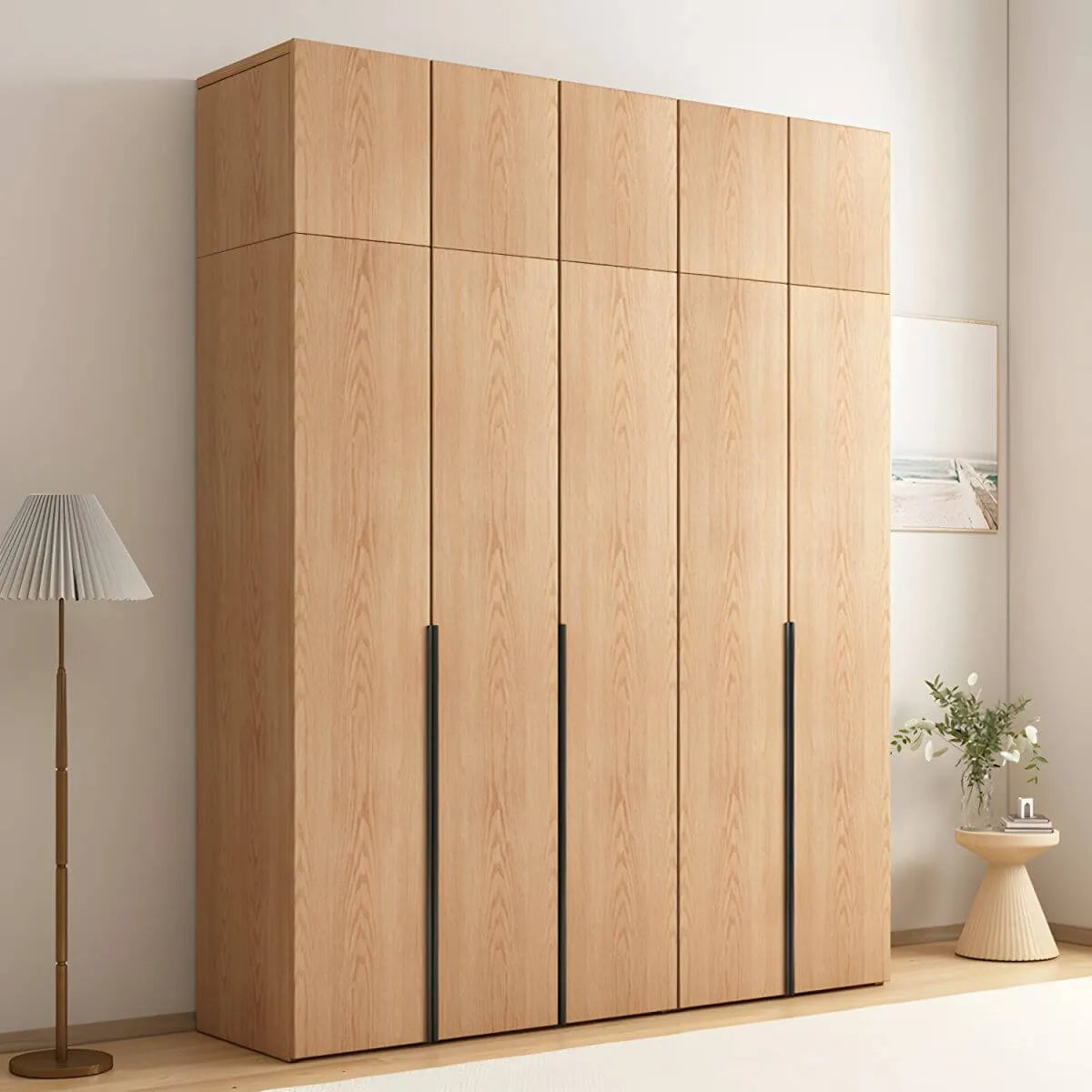 Solid Oak Minimalist Wardrobe Armoire With Shelves and Rod