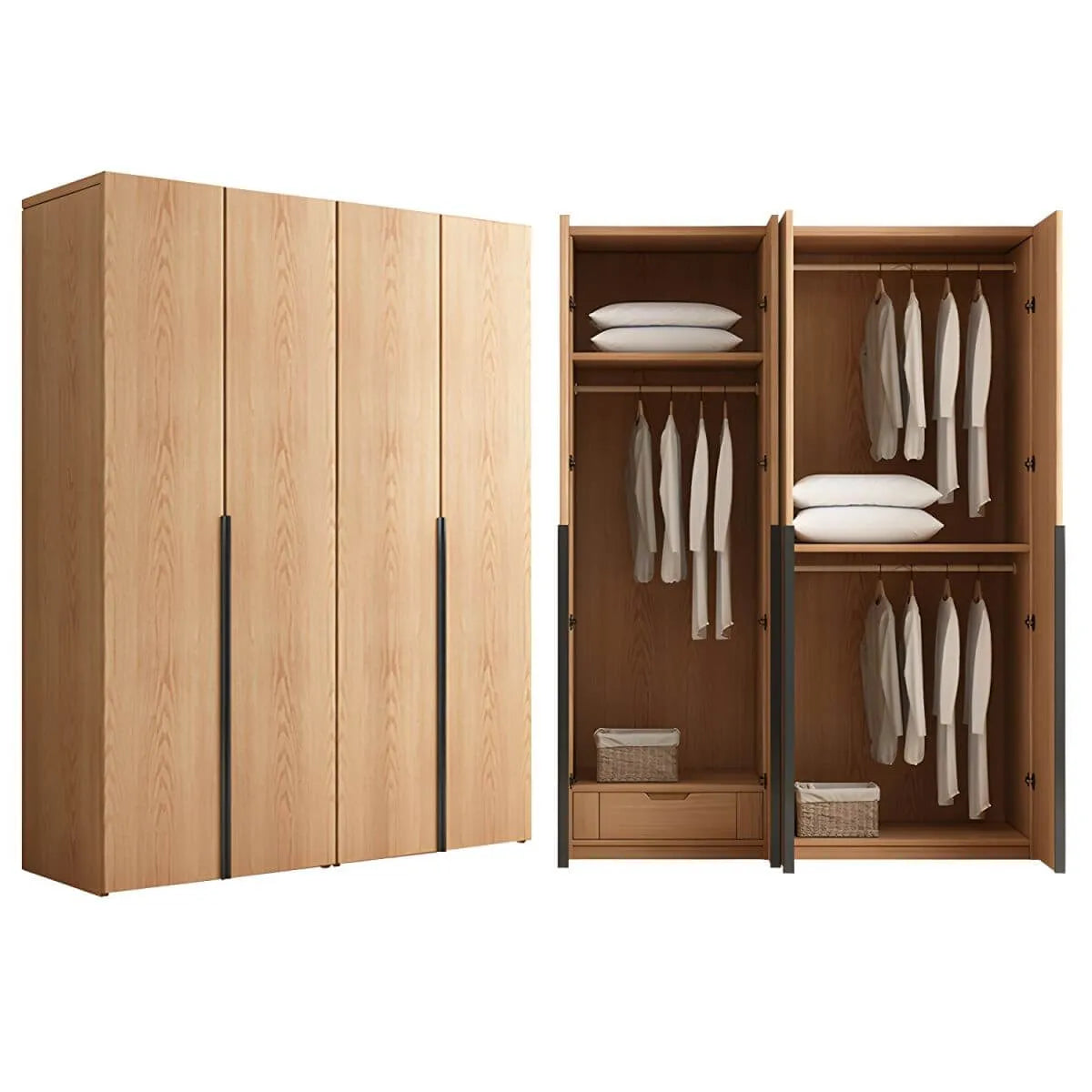 Solid Oak Minimalist Wardrobe Armoire With Shelves and Rod
