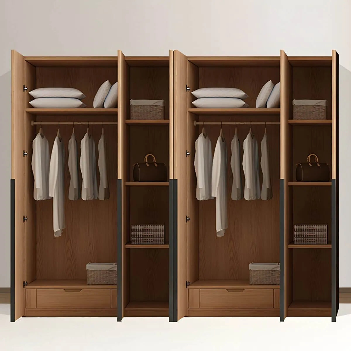Solid Oak Minimalist Wardrobe Armoire With Shelves and Rod