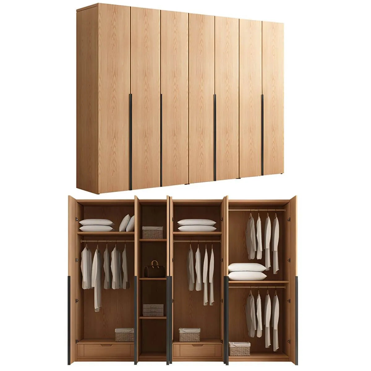 Solid Oak Minimalist Wardrobe Armoire With Shelves and Rod