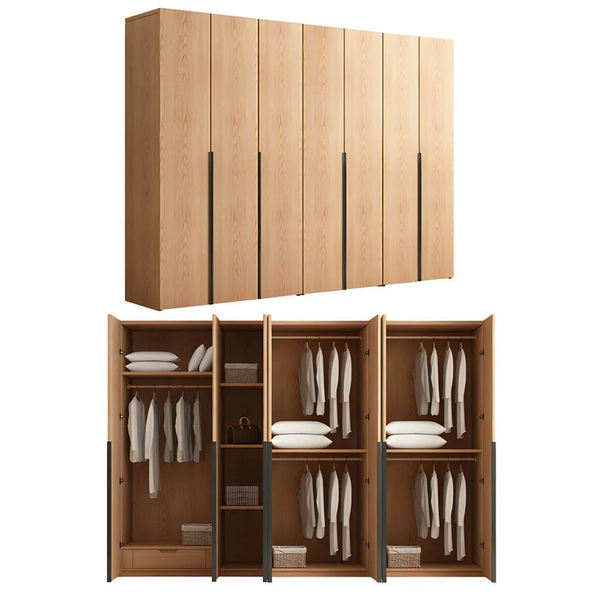 Solid Oak Minimalist Wardrobe Armoire With Shelves and Rod