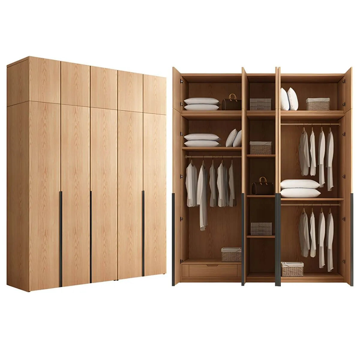 Solid Oak Minimalist Wardrobe Armoire With Shelves and Rod