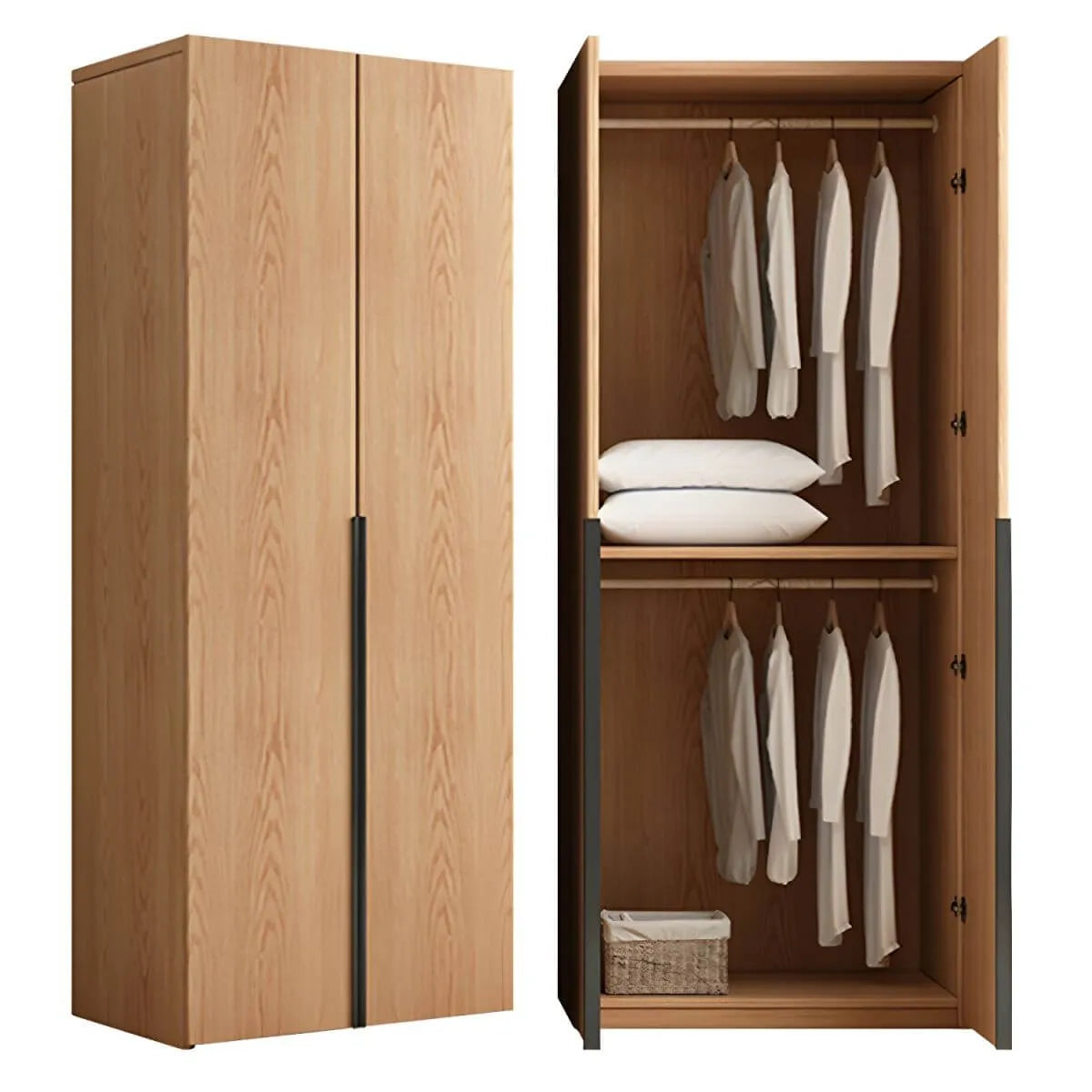 Solid Oak Minimalist Wardrobe Armoire With Shelves and Rod