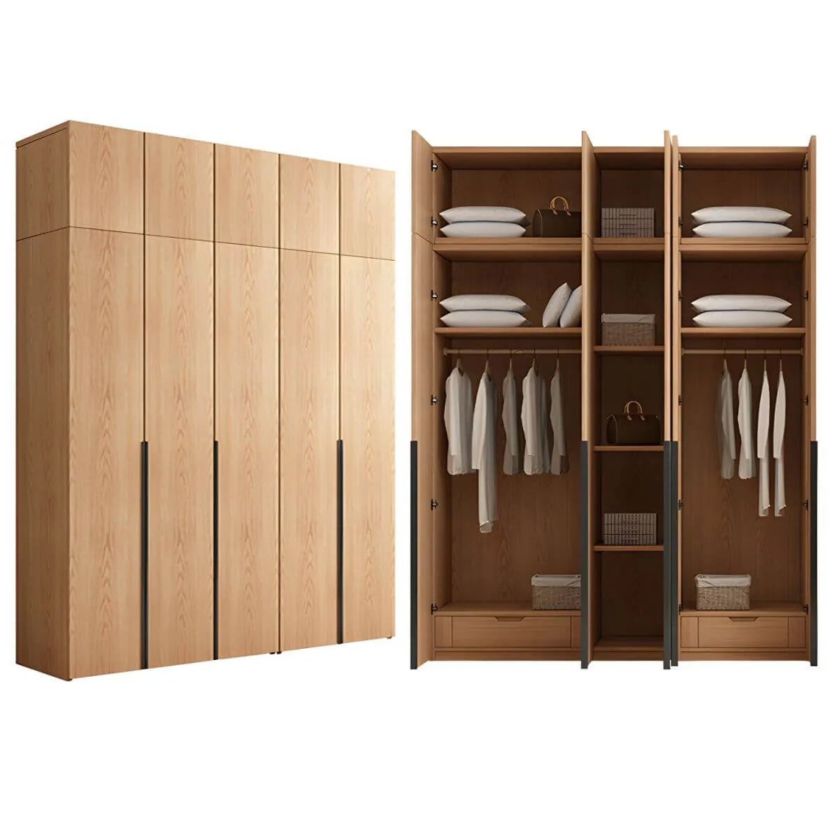 Solid Oak Minimalist Wardrobe Armoire With Shelves and Rod