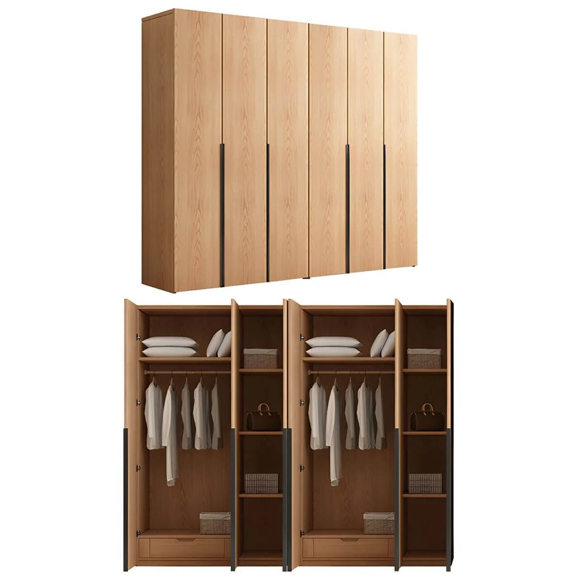 Solid Oak Minimalist Wardrobe Armoire With Shelves and Rod