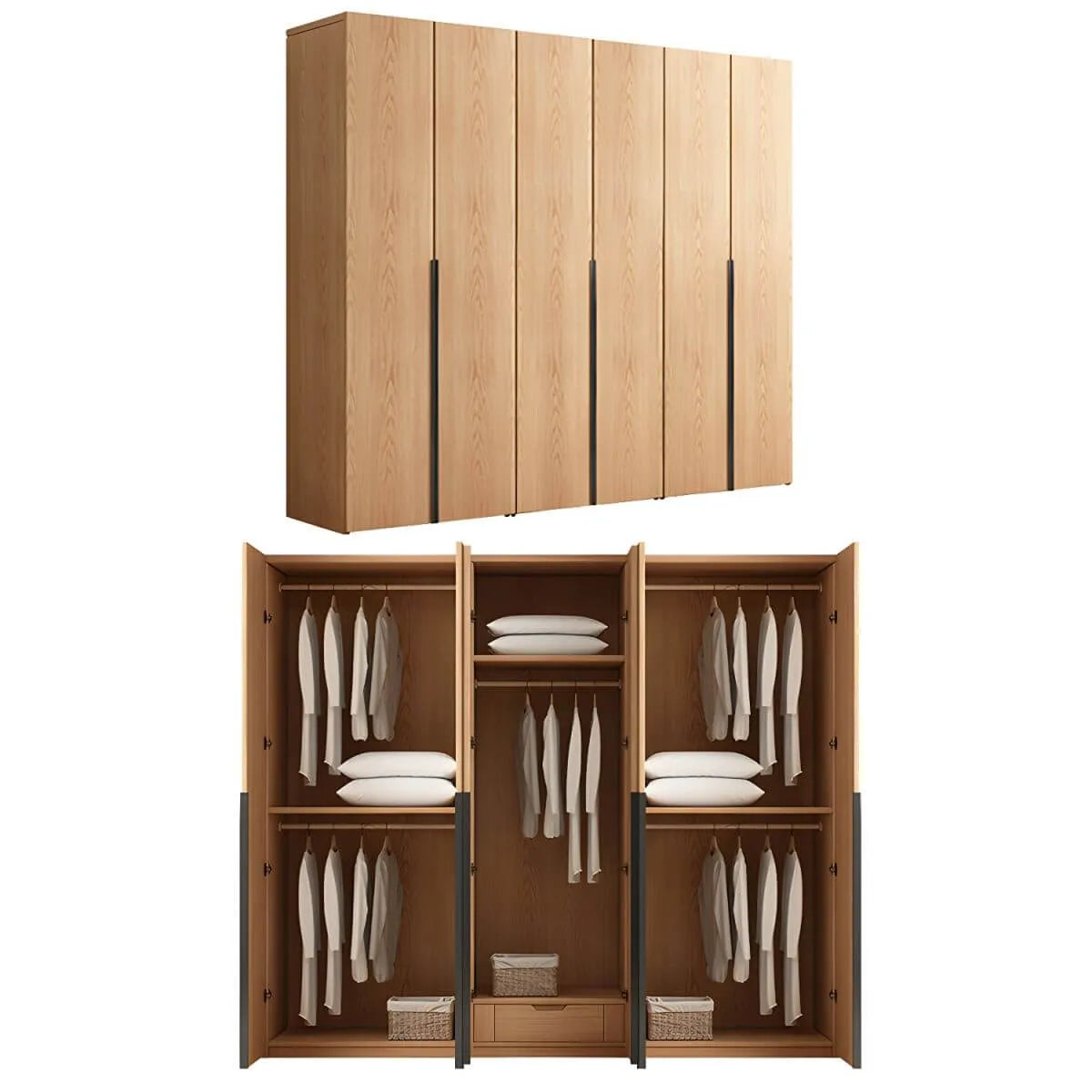 Solid Oak Minimalist Wardrobe Armoire With Shelves and Rod