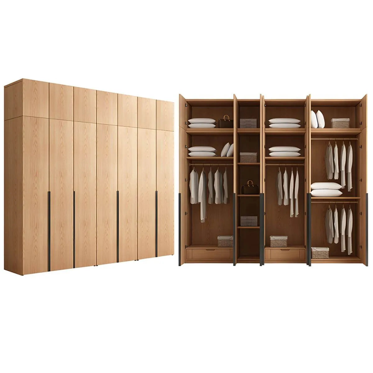 Solid Oak Minimalist Wardrobe Armoire With Shelves and Rod
