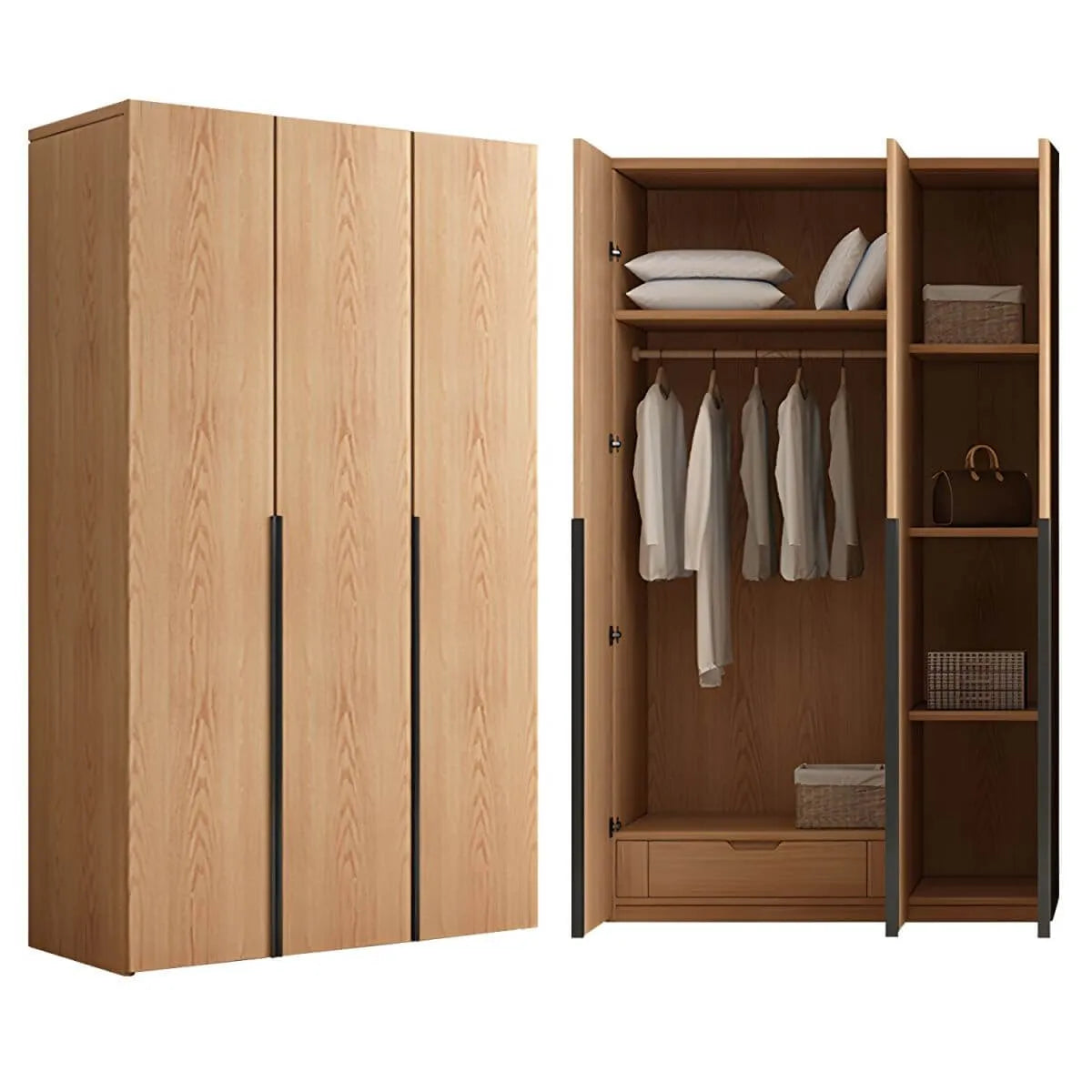 Solid Oak Minimalist Wardrobe Armoire With Shelves and Rod