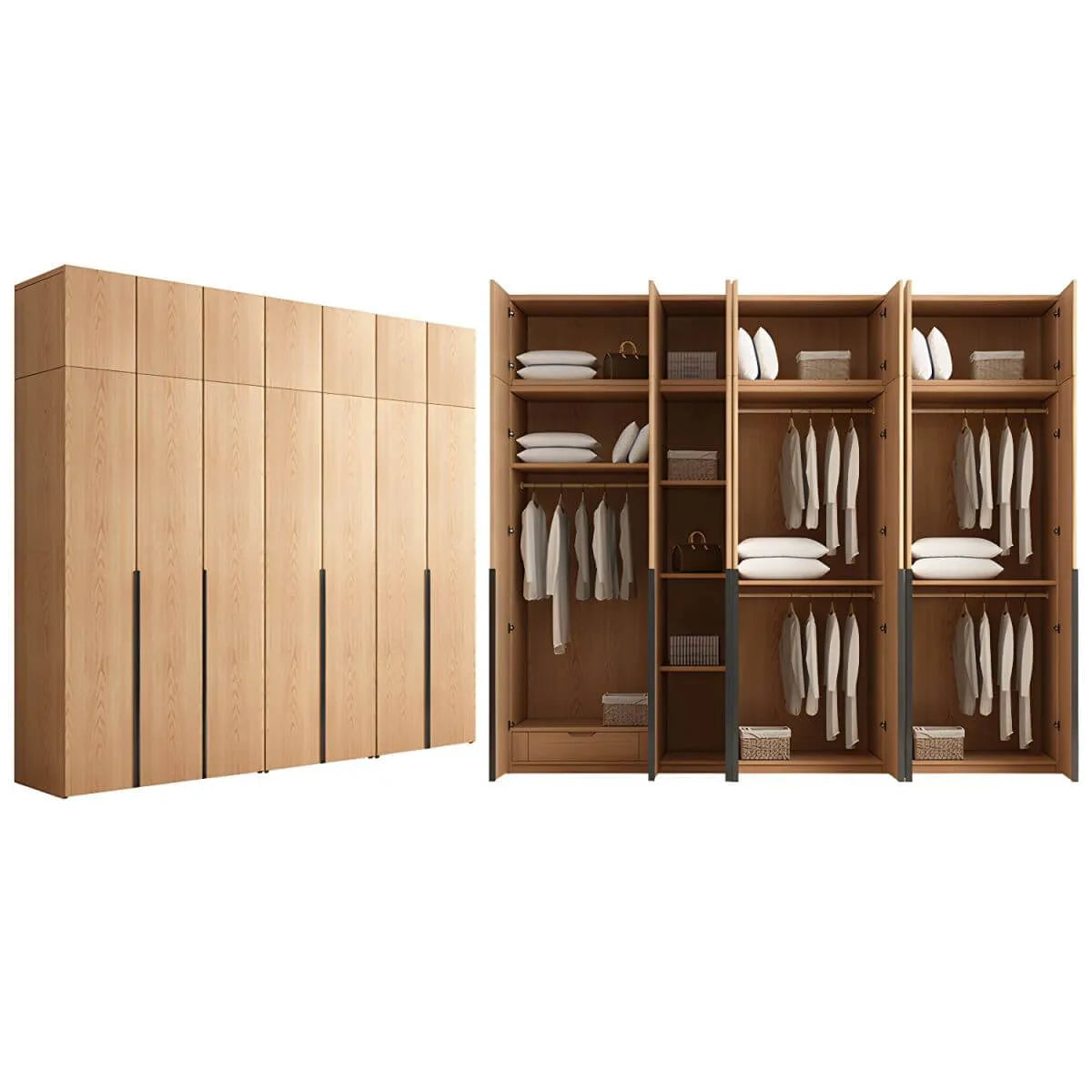 Solid Oak Minimalist Wardrobe Armoire With Shelves and Rod