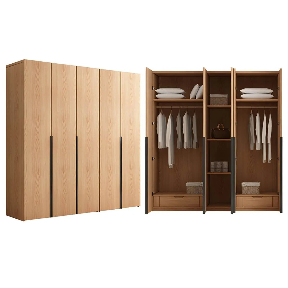 Solid Oak Minimalist Wardrobe Armoire With Shelves and Rod