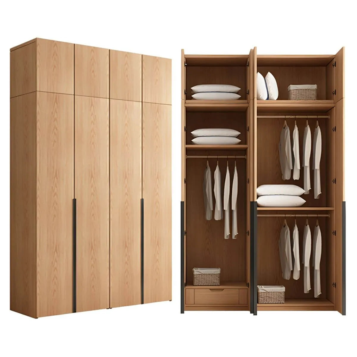 Solid Oak Minimalist Wardrobe Armoire With Shelves and Rod