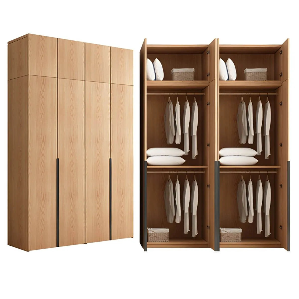 Solid Oak Minimalist Wardrobe Armoire With Shelves and Rod