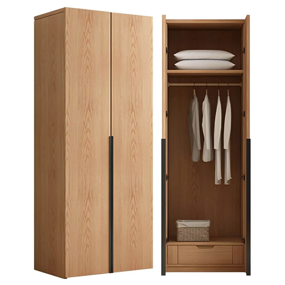 Solid Oak Minimalist Wardrobe Armoire With Shelves and Rod