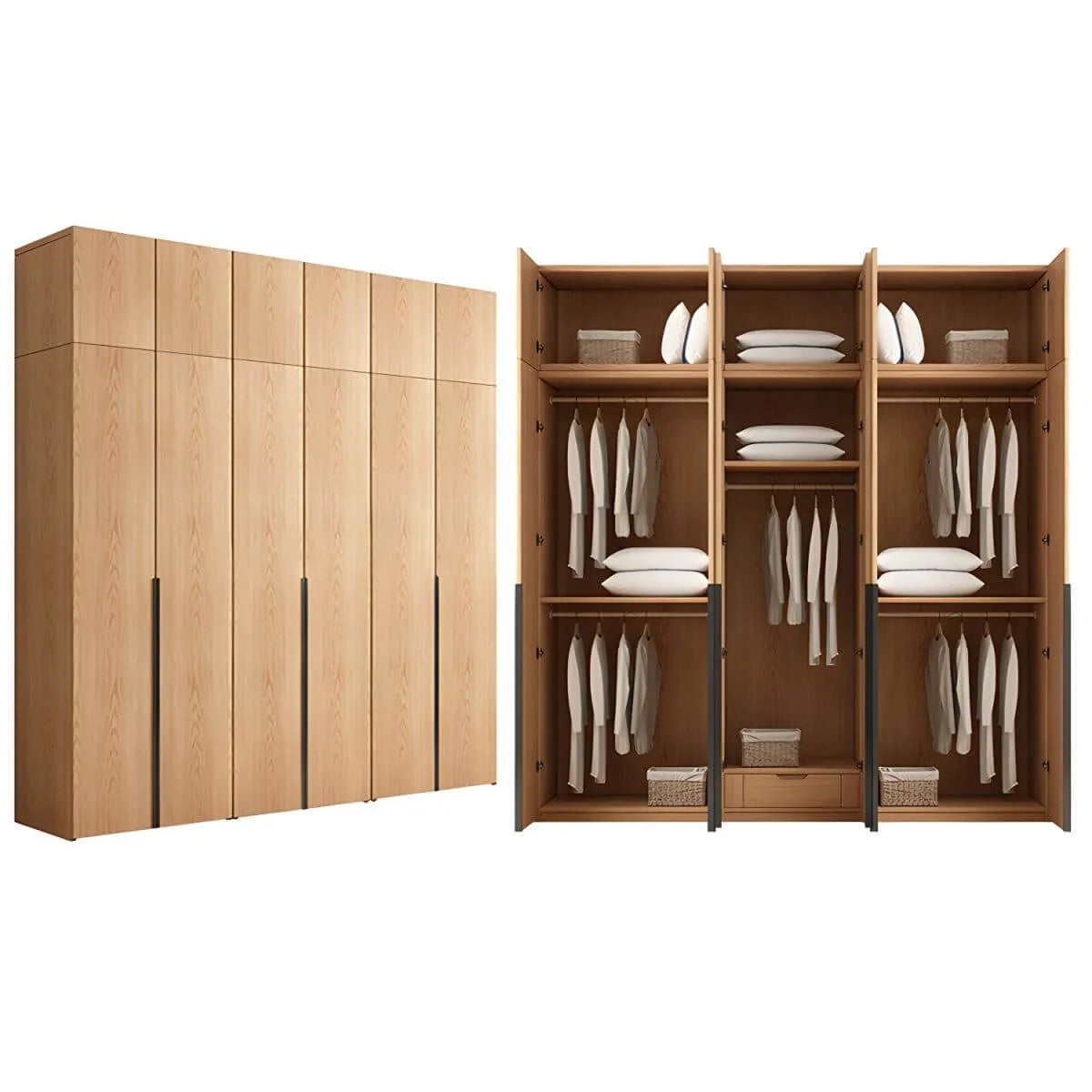 Solid Oak Minimalist Wardrobe Armoire With Shelves and Rod
