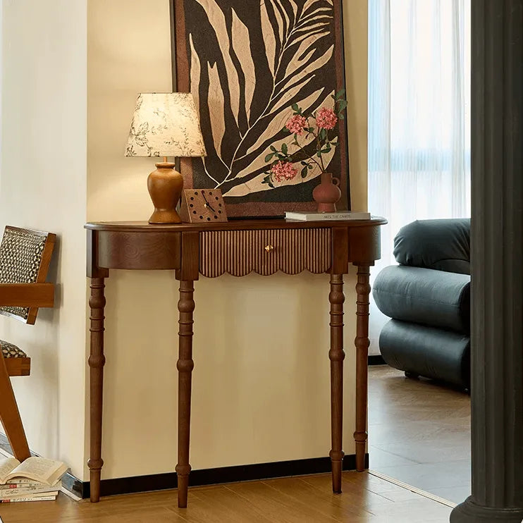 Solid Oak Wood Console Table with Floral Relief Drawer and Roman Legs Main Product Image Main image