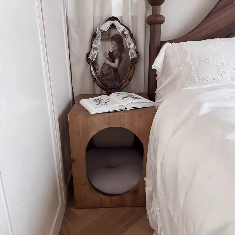 Solid Pine Cat Nightstand With Hidden Bed and Arched Entry