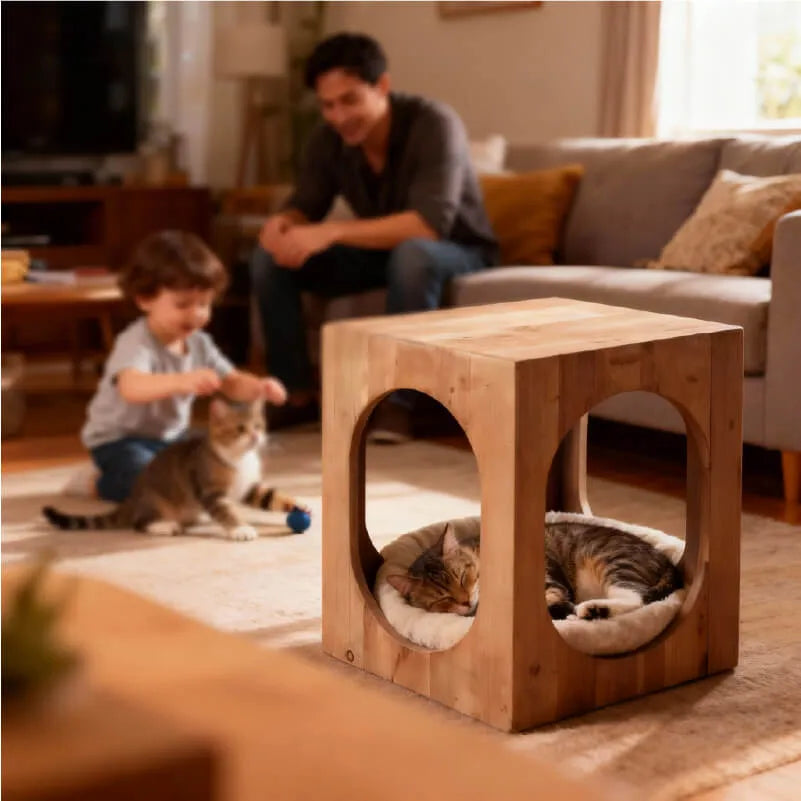 Solid Pine Cat Nightstand With Hidden Bed and Arched Entry