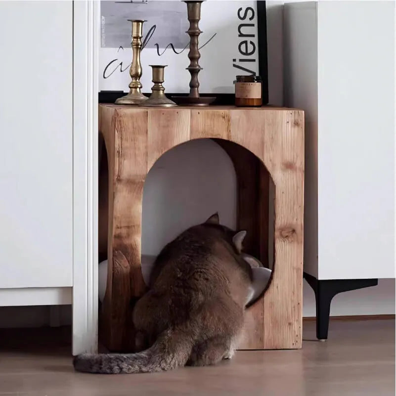 Solid Pine Cat Nightstand With Hidden Bed and Arched Entry Main Product Image