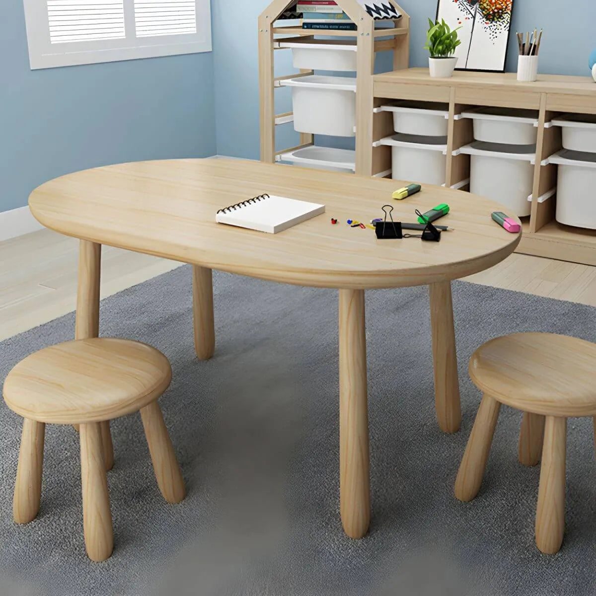 Solid Pine Kids Writing Desk with Matching Chair – Oval Top, Natural Finish