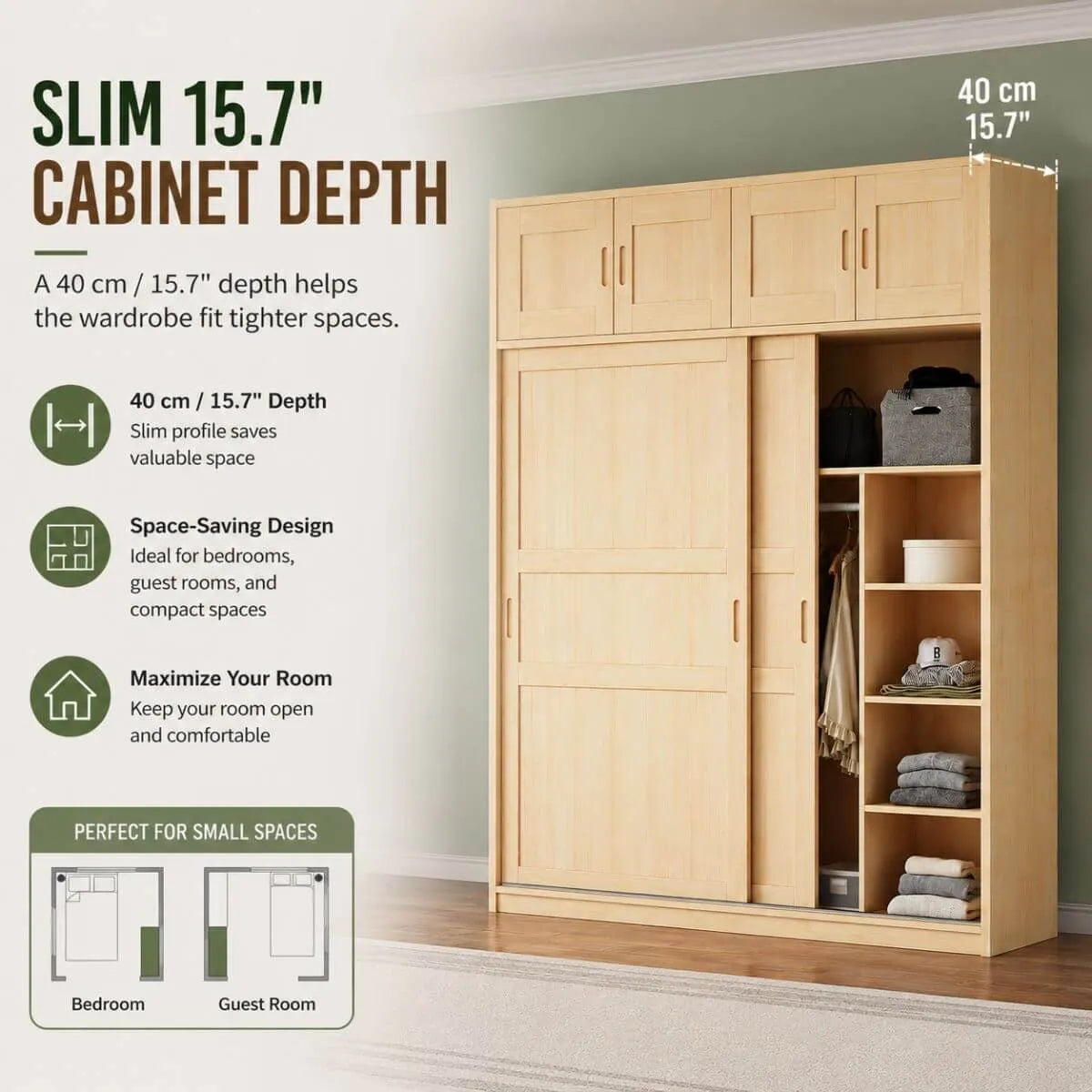 Solid Pine Sliding Door Wardrobe With Loft Storage Cabinet