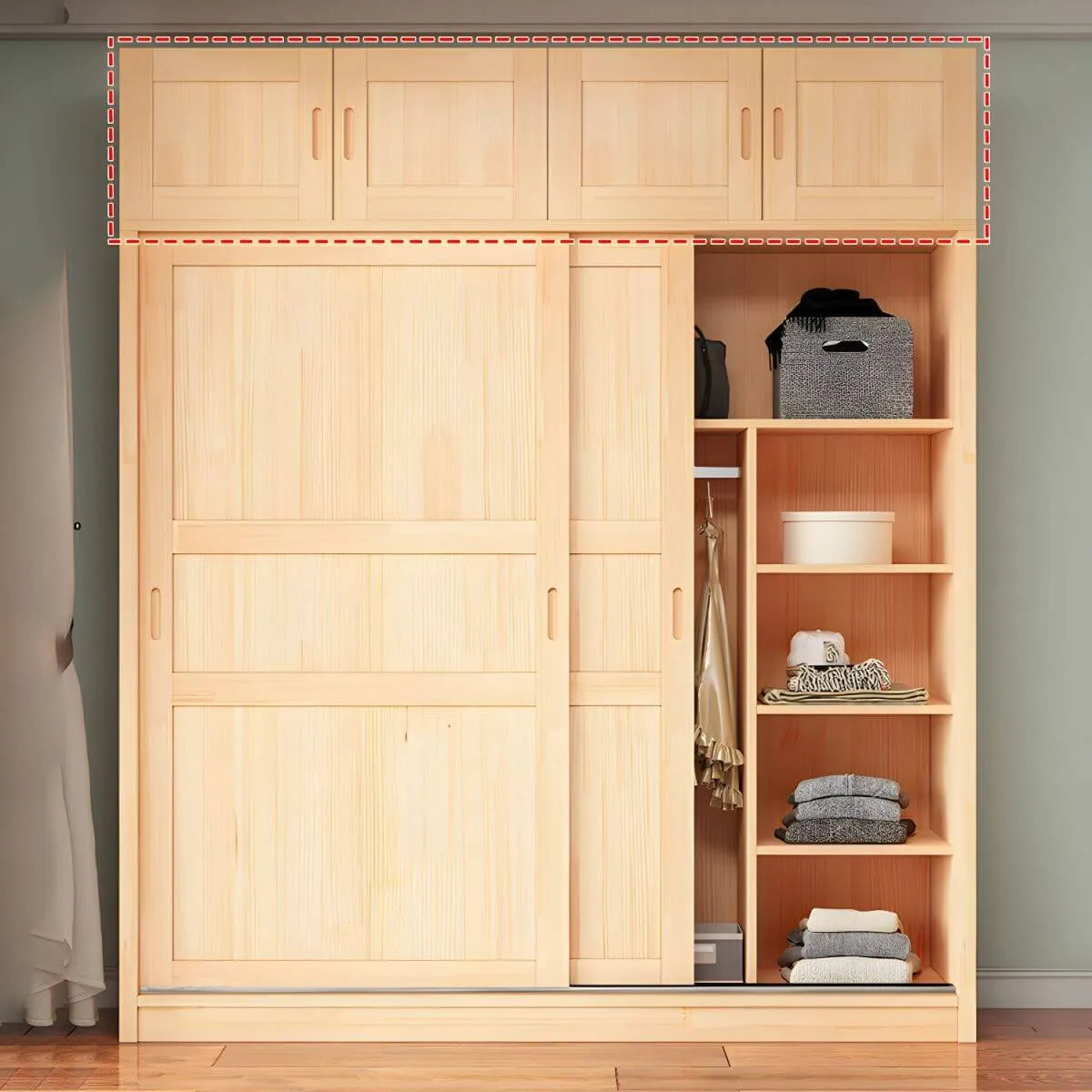 Solid Pine Sliding Door Wardrobe With Loft Storage Cabinet