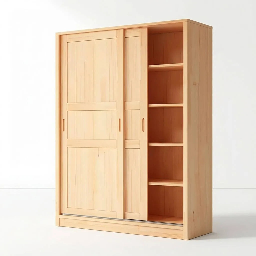 Solid Pine Sliding Door Wardrobe With Loft Storage Cabinet
