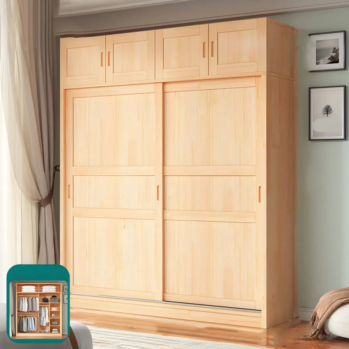 Solid Pine Sliding Door Wardrobe With Loft Storage Cabinet