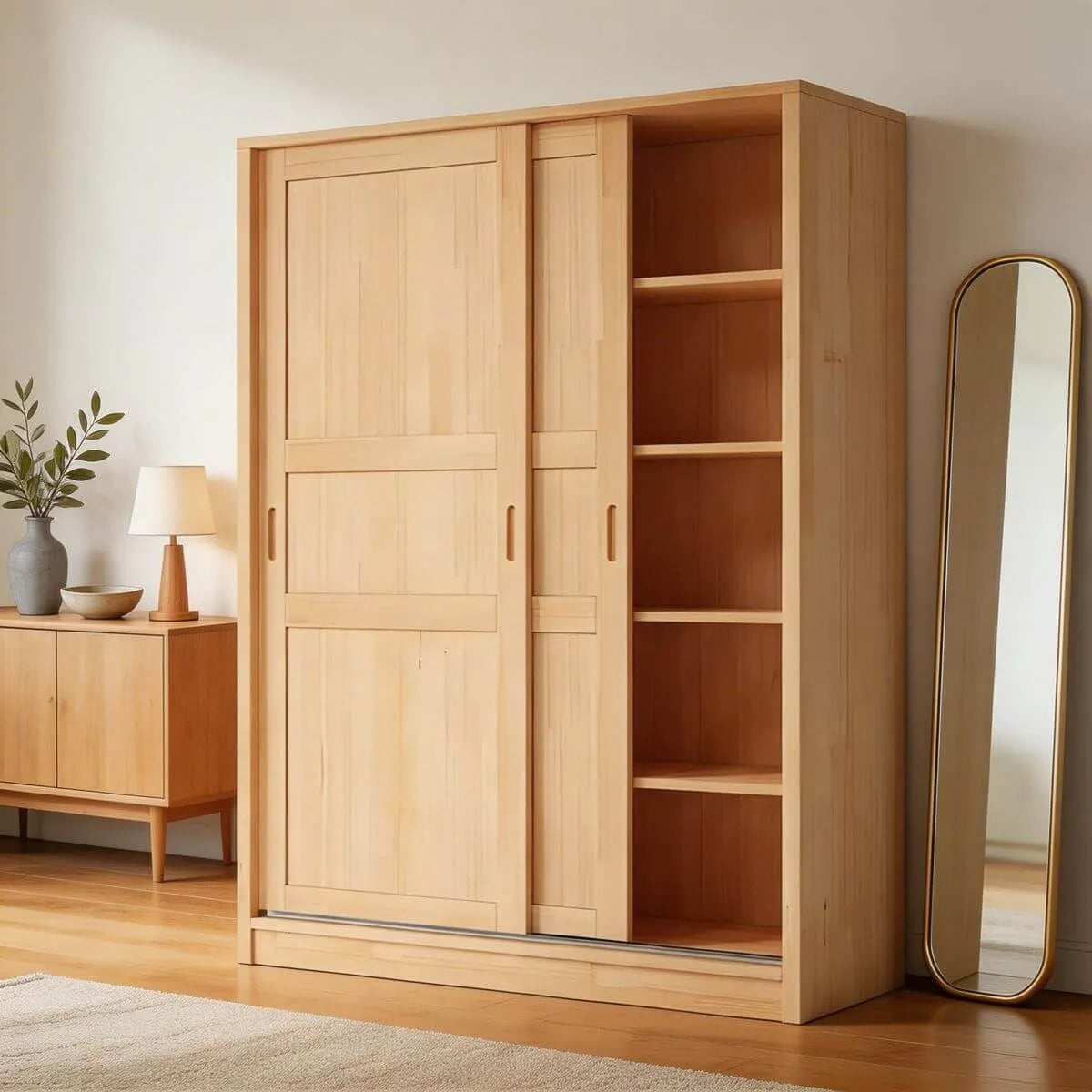 Solid Pine Sliding Door Wardrobe With Loft Storage Cabinet