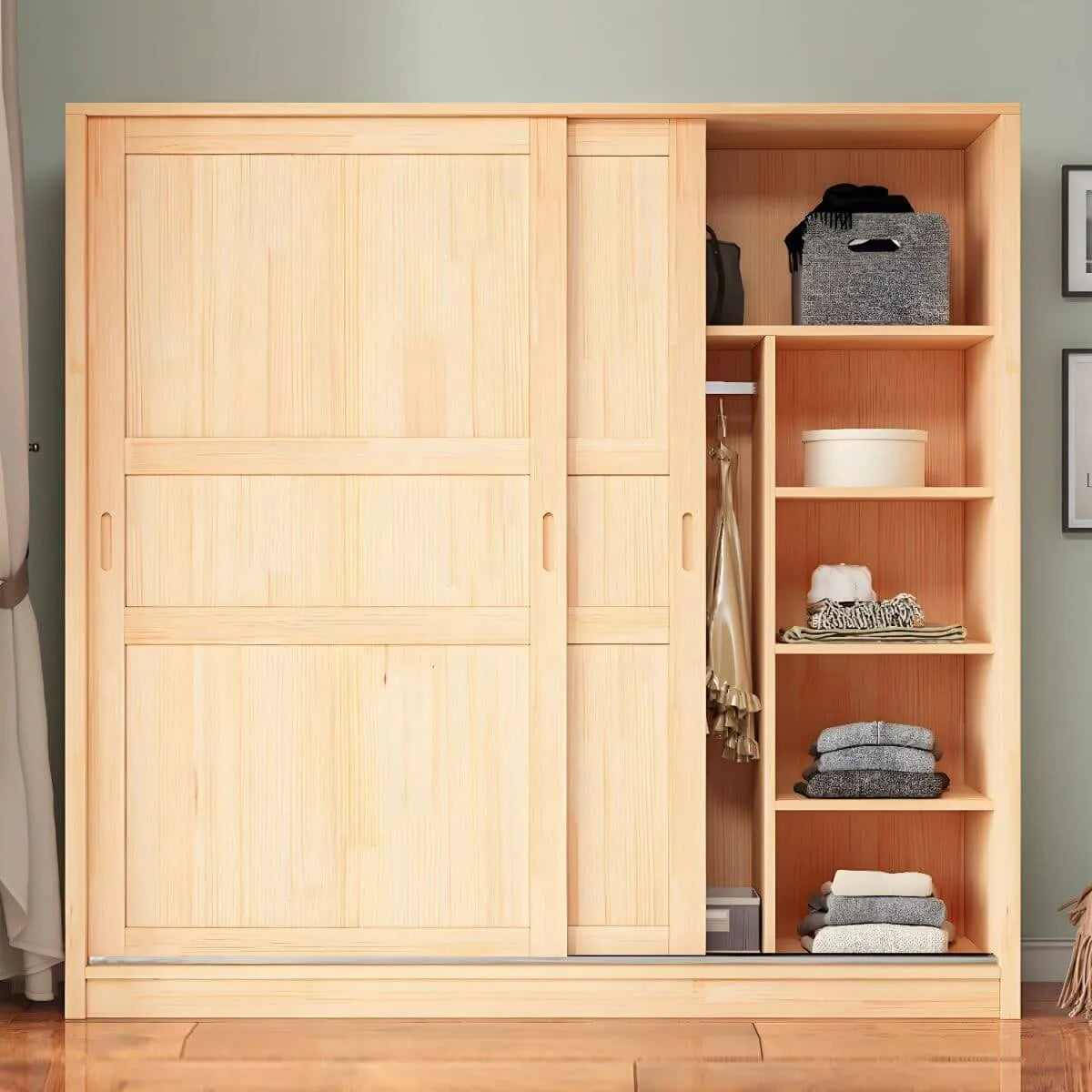 Solid Pine Sliding Door Wardrobe With Loft Storage Cabinet
