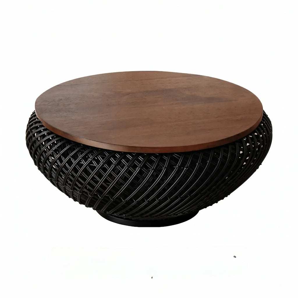 Solid Teak Round Coffee Table with Handwoven Rattan Base and Dual-Tier Storage
