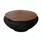 Solid Teak Round Coffee Table with Handwoven Rattan Base and Dual-Tier Storage
