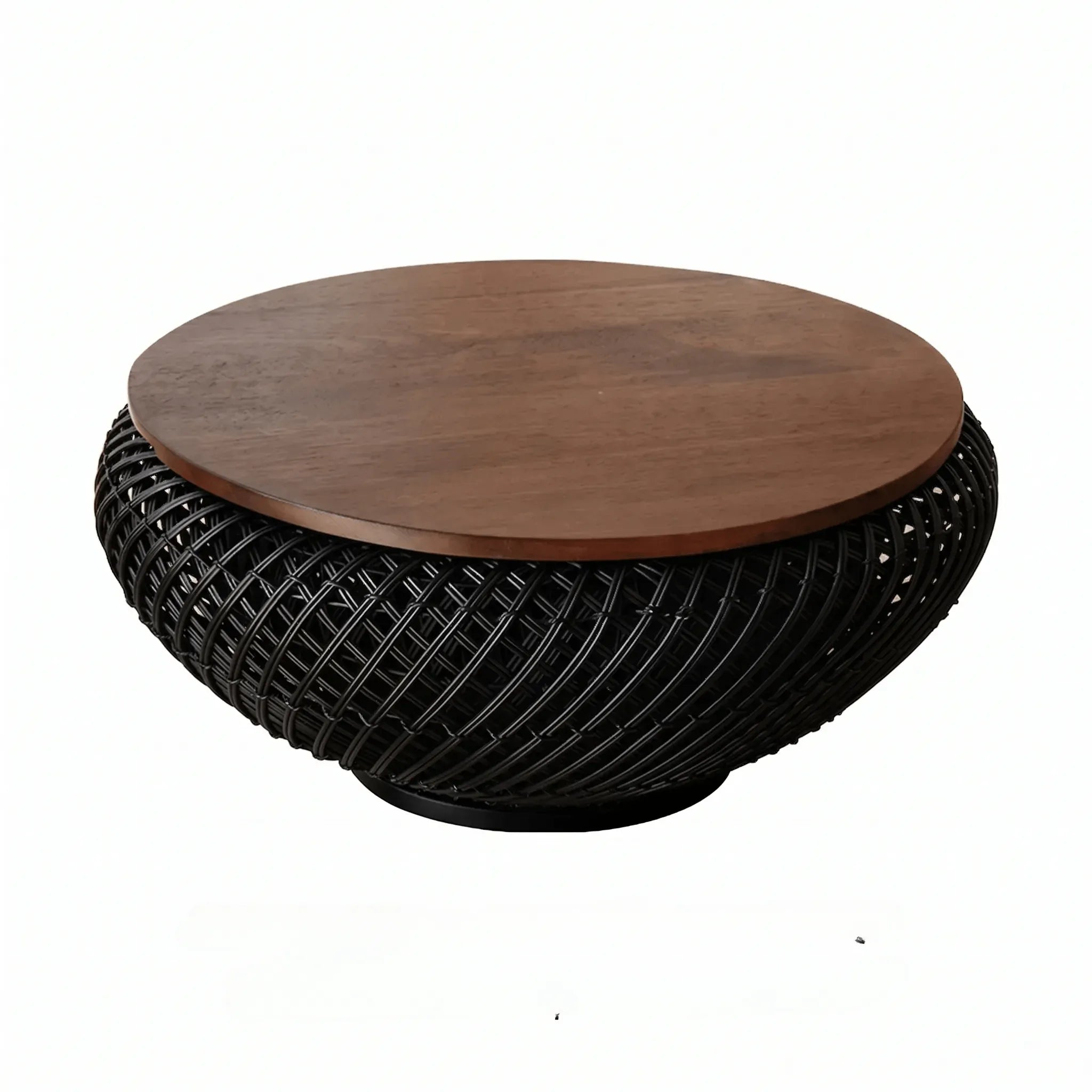 Solid Teak Round Coffee Table with Handwoven Rattan Base and Dual-Tier Storage