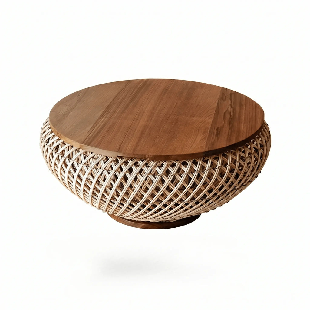 Solid Teak Round Coffee Table with Handwoven Rattan Base and Dual-Tier Storage