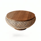 Solid Teak Round Coffee Table with Handwoven Rattan Base and Dual-Tier Storage