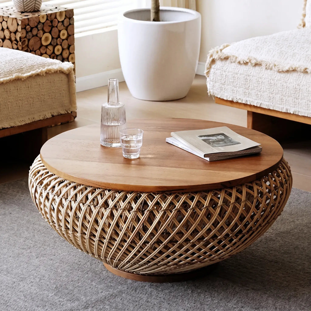 Solid Teak Round Coffee Table with Handwoven Rattan Base and Dual-Tier Storage