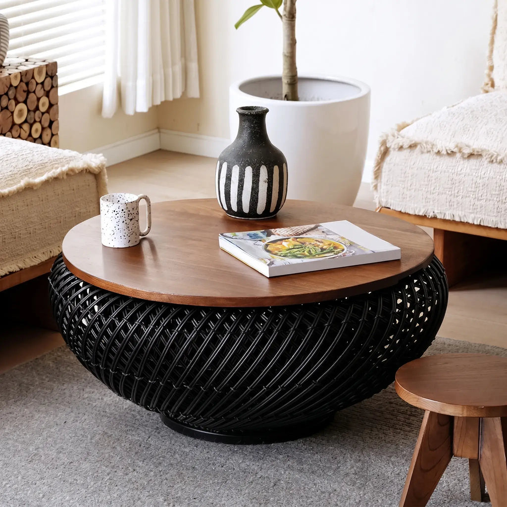 Solid Teak Round Coffee Table with Handwoven Rattan Base and Dual-Tier Storage