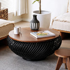 Solid Teak Round Coffee Table with Handwoven Rattan Base and Dual-Tier Storage