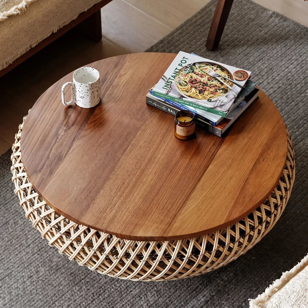 Solid Teak Round Coffee Table with Handwoven Rattan Base and Dual-Tier Storage