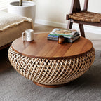 Solid Teak Round Coffee Table with Handwoven Rattan Base and Dual-Tier Storage