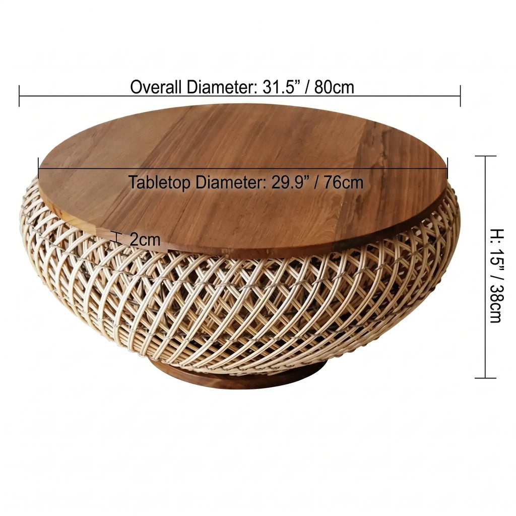 Solid Teak Round Coffee Table with Handwoven Rattan Base and Dual-Tier Storage Dimensions