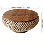 Solid Teak Round Coffee Table with Handwoven Rattan Base and Dual-Tier Storage Dimensions