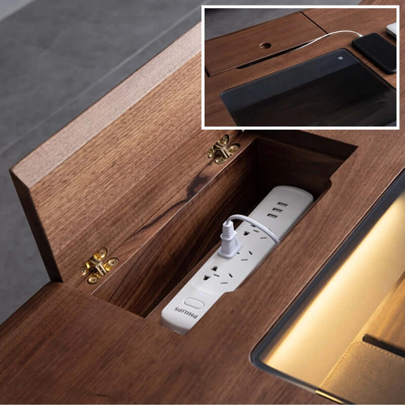 Solid Walnut Curved Corner Desk With Glass Display