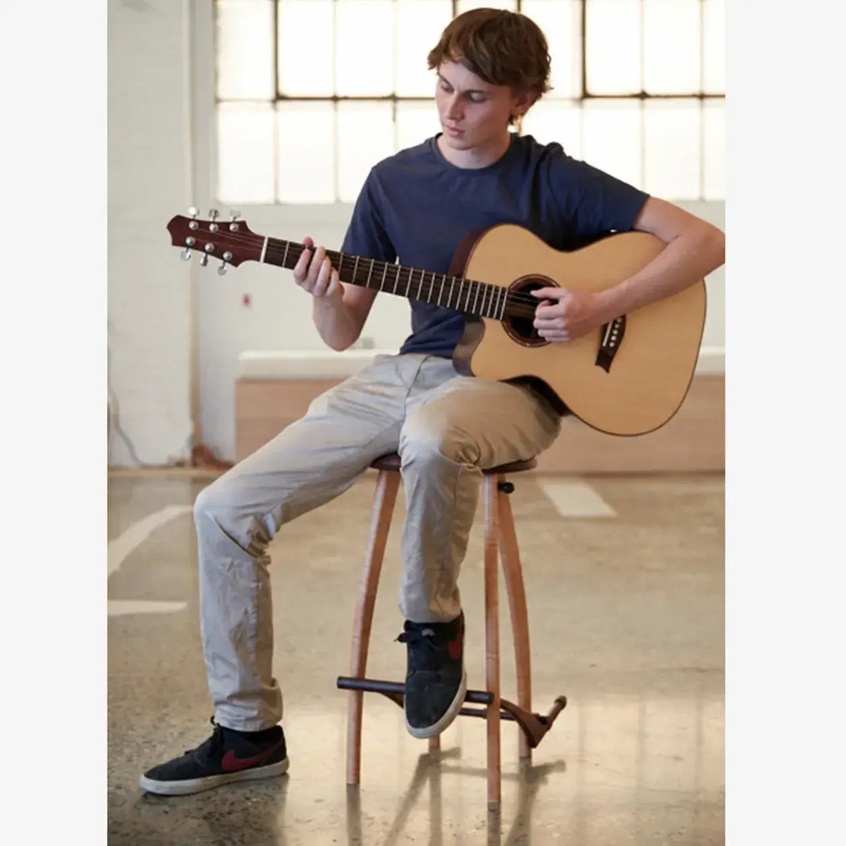 Solid Walnut Guitar Chair with Integrated Instrument Rest, Sculptural Seat