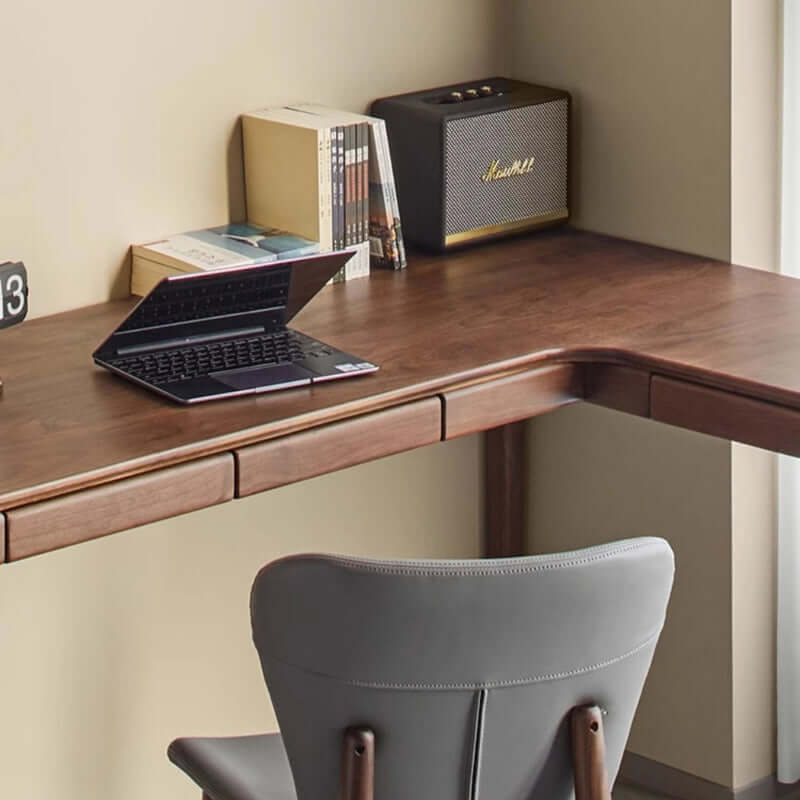 Solid Walnut L-shaped Desk With Drawers And Wax Finish