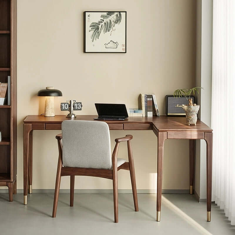 Solid Walnut L-shaped Desk With Drawers And Wax Finish サブ画像