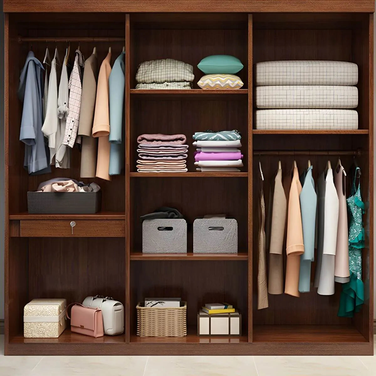 Solid Walnut Traditional Wardrobe Armoire With Shelves And Rod