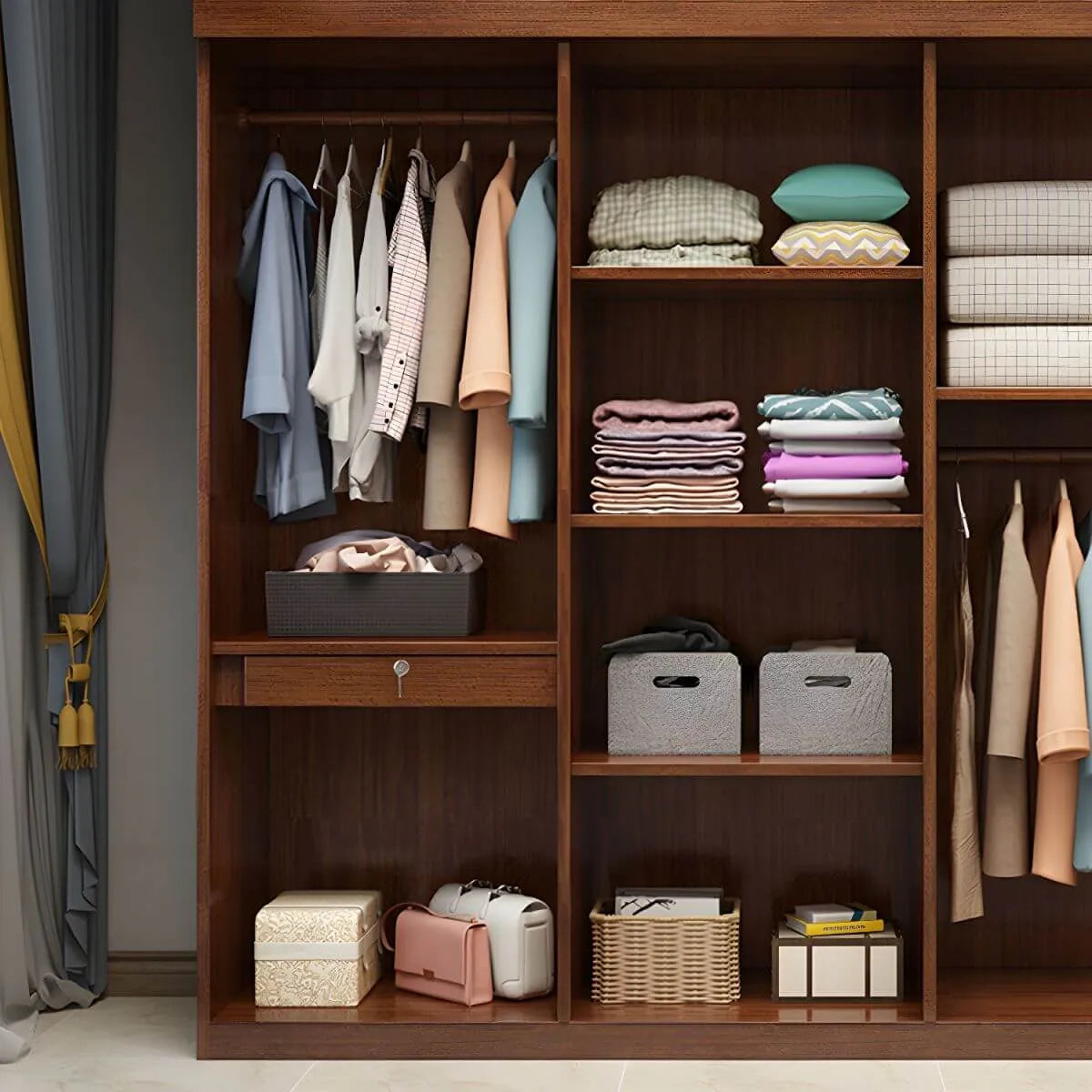 Solid Walnut Traditional Wardrobe Armoire With Shelves And Rod
