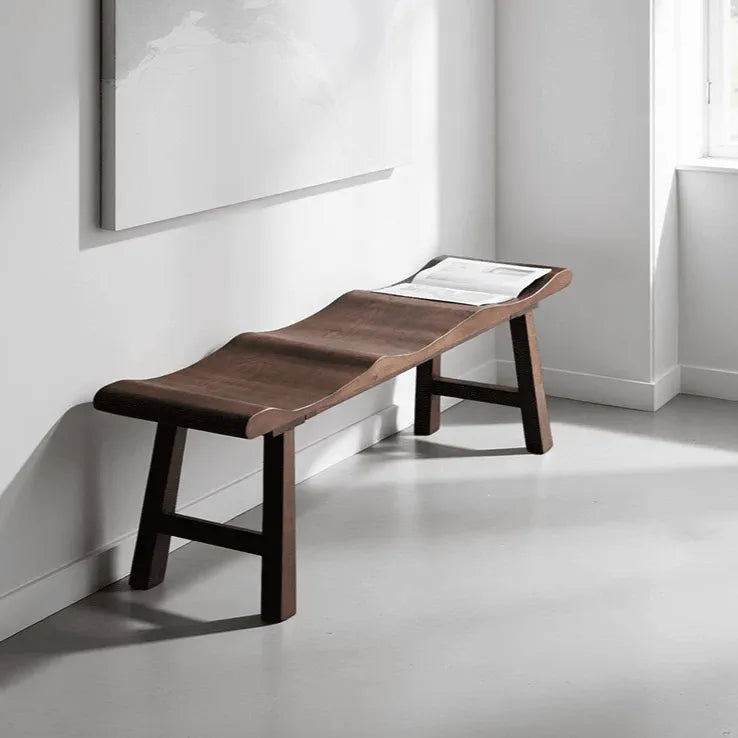 Solid Wood Bench with Wabi-Sabi Wave Seat and Hand-Finished Elm Texture