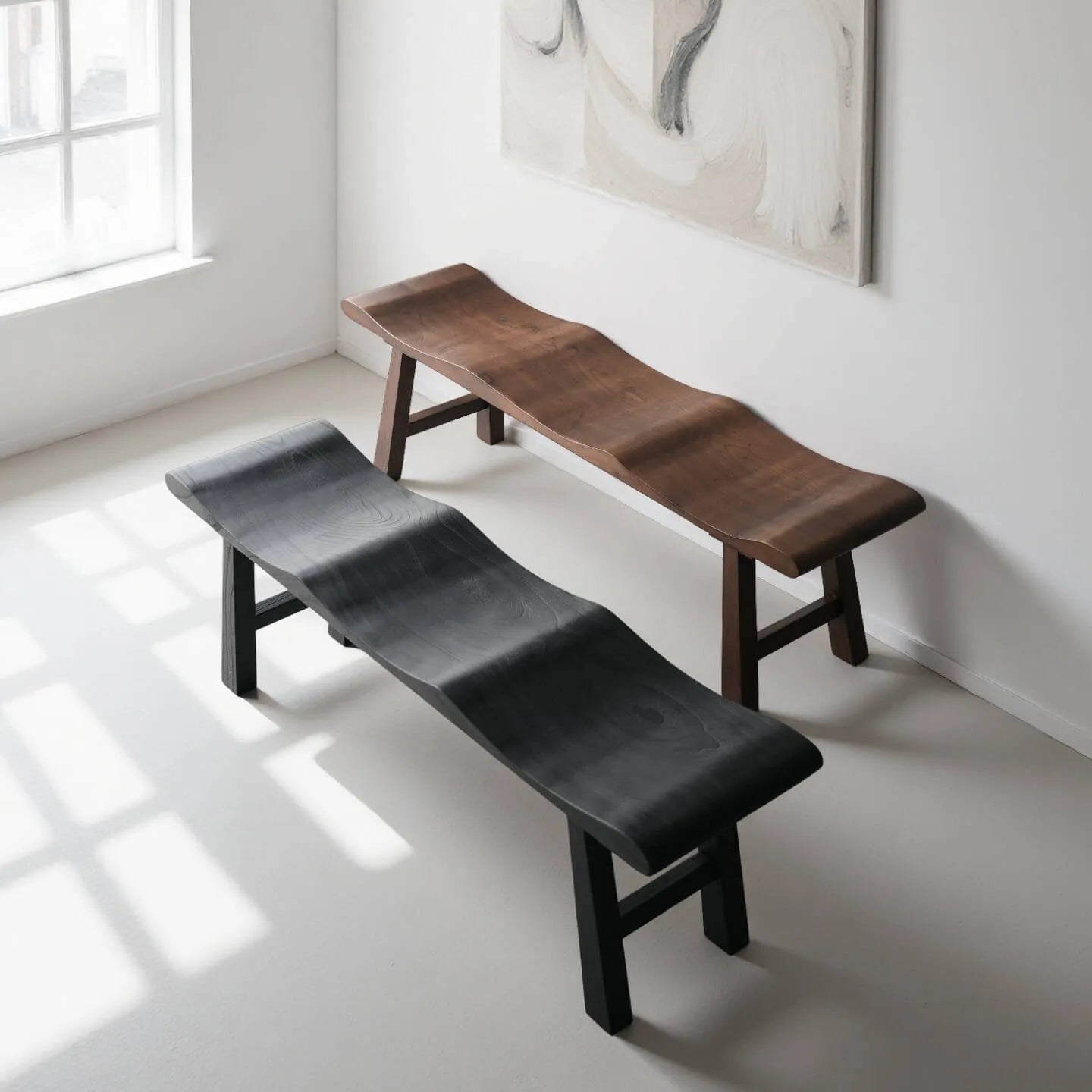 Solid Wood Bench with Wabi-Sabi Wave Seat and Hand-Finished Elm Texture